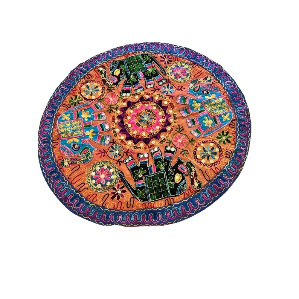 Wall Hanging table topper cotton Elephant embroidery Mirrors 35” Round Boho